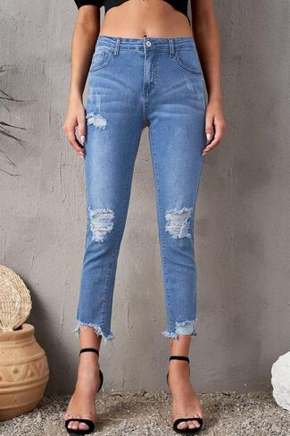 Paitluc Ripped Jeans for Women Boyfriend Stretchy Distressed Denim Pants Blue Jeans M in Kuwait