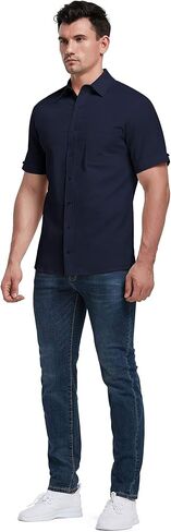 Aimeilgot قمصان رجالي طويلة / قصيرة الأكمام قمصان كتان كاجوال بأزرار سفلية تي شيرت بياقة منتشرة عادي in Kuwait