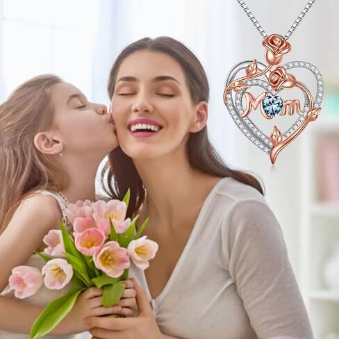 Iefil Valentines Day Gifts for Mom - 925 Sterling Silver Rose Heart Birthstone Necklace, Mom Birthday Gifts Mothers Day Gifts for Mom from Daughter in Saudi Arabia