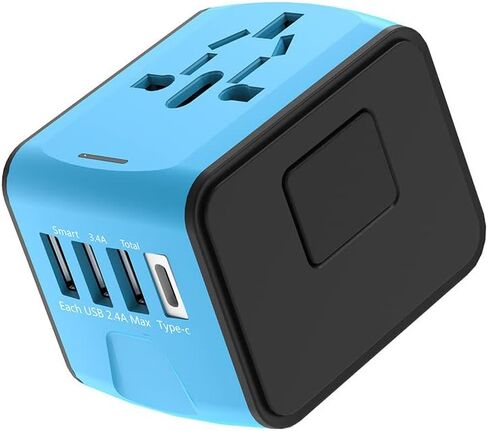 2023 Global Universal Travel, Travel Essential: All in One Wall Charger with High Speed (3) 2.4A USB, (1) 3.0A Type-C, European Adapter, Worldwide AC Outlet Plugs for UK, EU, AU, Asia (Blue) in Saudi Arabia