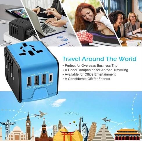 2023 Global Universal Travel, Travel Essential: All in One Wall Charger with High Speed (3) 2.4A USB, (1) 3.0A Type-C, European Adapter, Worldwide AC Outlet Plugs for UK, EU, AU, Asia (Blue) in Saudi Arabia