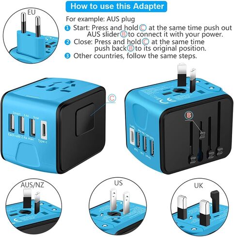 2023 Global Universal Travel, Travel Essential: All in One Wall Charger with High Speed (3) 2.4A USB, (1) 3.0A Type-C, European Adapter, Worldwide AC Outlet Plugs for UK, EU, AU, Asia (Blue) in Saudi Arabia