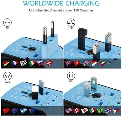 2023 Global Universal Travel, Travel Essential: All in One Wall Charger with High Speed (3) 2.4A USB, (1) 3.0A Type-C, European Adapter, Worldwide AC Outlet Plugs for UK, EU, AU, Asia (Blue) in Saudi Arabia
