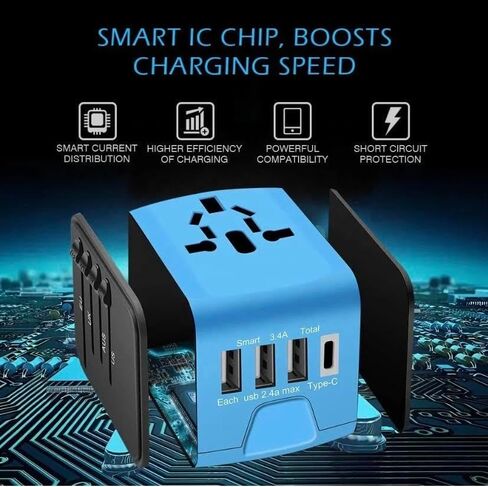 2023 Global Universal Travel, Travel Essential: All in One Wall Charger with High Speed (3) 2.4A USB, (1) 3.0A Type-C, European Adapter, Worldwide AC Outlet Plugs for UK, EU, AU, Asia (Blue) in Saudi Arabia