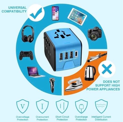 2023 Global Universal Travel, Travel Essential: All in One Wall Charger with High Speed (3) 2.4A USB, (1) 3.0A Type-C, European Adapter, Worldwide AC Outlet Plugs for UK, EU, AU, Asia (Blue) in Saudi Arabia