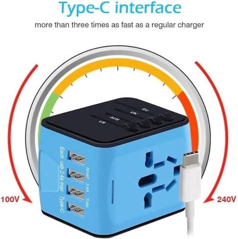 2023 Global Universal Travel, Travel Essential: All in One Wall Charger with High Speed (3) 2.4A USB, (1) 3.0A Type-C, European Adapter, Worldwide AC Outlet Plugs for UK, EU, AU, Asia (Blue) in Saudi Arabia