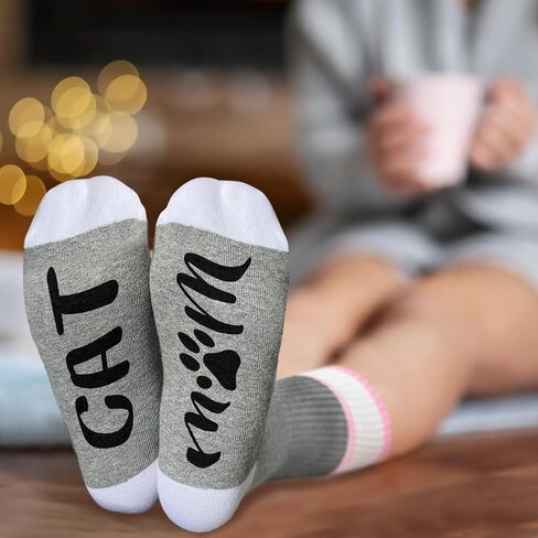 Ziyouza Cat Mom Socks, Gift for Cat Pet Owner, Cat Mother, Cat Mama, Cat Lovers, Kitty Lovers, Novelty Gift for Thanksgiving Christmas Birthday Mother's Day, 1 Pair-37, Light Gray Pink, 5.5-11 in Saudi Arabia