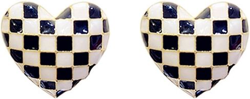Checker Heart Stud Earrings for Women Girls Unique Temperament Enamel Black White Striped Checkerboard Lightweight Small Earrings for Minimalist Valentines Day Birthday Anniversary Fashion Jewelry Gifts in Kuwait