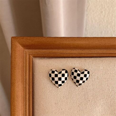 Checker Heart Stud Earrings for Women Girls Unique Temperament Enamel Black White Striped Checkerboard Lightweight Small Earrings for Minimalist Valentines Day Birthday Anniversary Fashion Jewelry Gifts in Kuwait