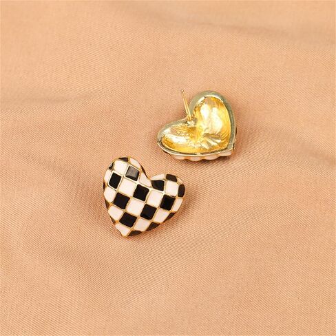 Checker Heart Stud Earrings for Women Girls Unique Temperament Enamel Black White Striped Checkerboard Lightweight Small Earrings for Minimalist Valentines Day Birthday Anniversary Fashion Jewelry Gifts in Kuwait