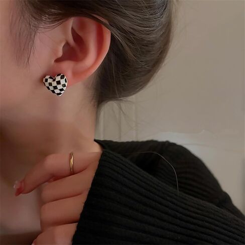 Checker Heart Stud Earrings for Women Girls Unique Temperament Enamel Black White Striped Checkerboard Lightweight Small Earrings for Minimalist Valentines Day Birthday Anniversary Fashion Jewelry Gifts in Kuwait