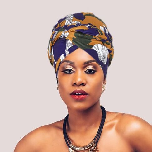 Woeoe Floral Turban Head Wrap Polyester African Head Scarf Soft Flower Pattern Head Cover Cap Stretch Braid Headwear for Women and Girls Yellow in Saudi Arabia