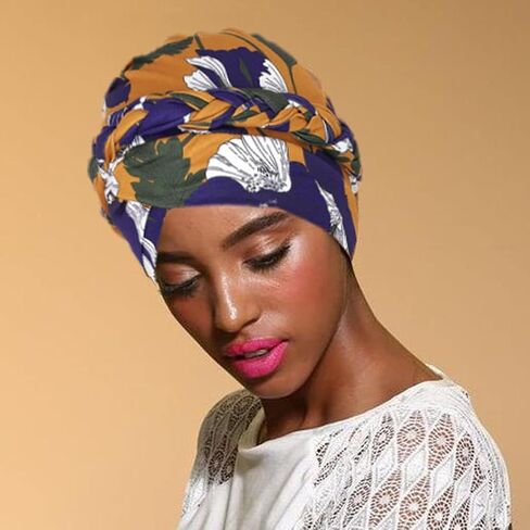 Woeoe Floral Turban Head Wrap Polyester African Head Scarf Soft Flower Pattern Head Cover Cap Stretch Braid Headwear for Women and Girls Yellow in Saudi Arabia