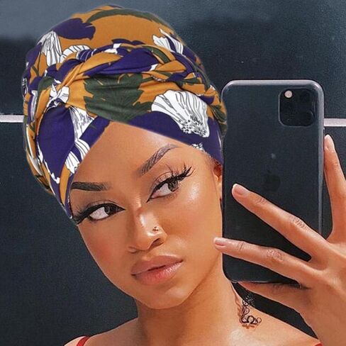 Woeoe Floral Turban Head Wrap Polyester African Head Scarf Soft Flower Pattern Head Cover Cap Stretch Braid Headwear for Women and Girls Yellow in Saudi Arabia