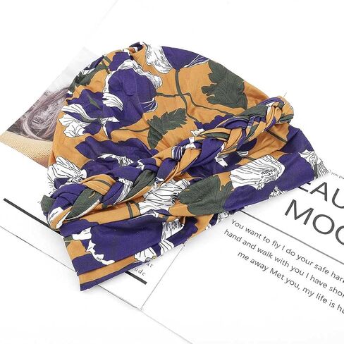 Woeoe Floral Turban Head Wrap Polyester African Head Scarf Soft Flower Pattern Head Cover Cap Stretch Braid Headwear for Women and Girls Yellow in Saudi Arabia
