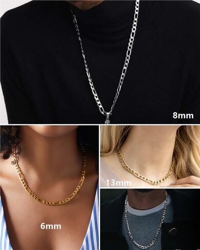 HstyleUnee قوي فيجارو سلسلة قلادة الفولاذ المقاوم للصدأ سلاسل مطلية بالذهب الحقيقي للرجال النساء المجوهرات، عرض 6/8/9 مم، 18/20/22/24/26/28/30 بوصة طول، إرسال صندوق هدية in Kuwait