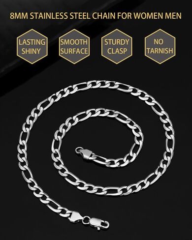 HstyleUnee قوي فيجارو سلسلة قلادة الفولاذ المقاوم للصدأ سلاسل مطلية بالذهب الحقيقي للرجال النساء المجوهرات، عرض 6/8/9 مم، 18/20/22/24/26/28/30 بوصة طول، إرسال صندوق هدية in Kuwait