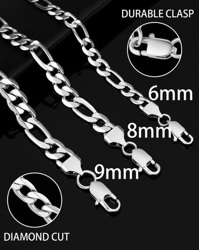 HstyleUnee قوي فيجارو سلسلة قلادة الفولاذ المقاوم للصدأ سلاسل مطلية بالذهب الحقيقي للرجال النساء المجوهرات، عرض 6/8/9 مم، 18/20/22/24/26/28/30 بوصة طول، إرسال صندوق هدية in Kuwait