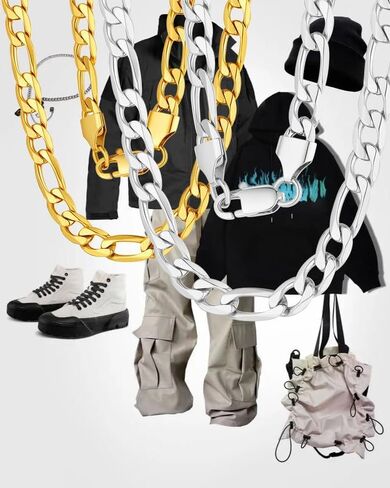 HstyleUnee قوي فيجارو سلسلة قلادة الفولاذ المقاوم للصدأ سلاسل مطلية بالذهب الحقيقي للرجال النساء المجوهرات، عرض 6/8/9 مم، 18/20/22/24/26/28/30 بوصة طول، إرسال صندوق هدية in Kuwait