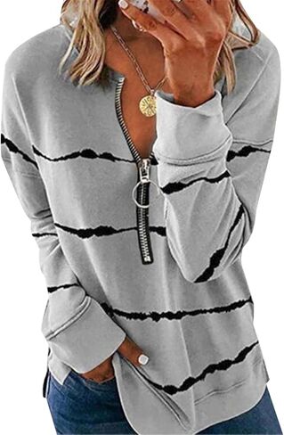 سويت شيرت نسائي كاجوال بسحاب 1/4 من Ebifin بأكمام طويلة وسحاب فضفاض وقمصان علوية in Kuwait