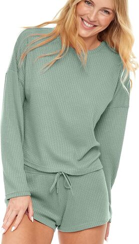 Alexander Del Rossa Women's Soft Ribbed Waffle Rib Knit Pajamas Lounge Set Long Sleeve Sweater Top and Shorts w Drawstring in Kuwait