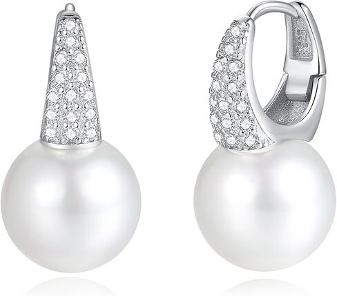 925 Sterling Silver Pearl Drop Earrings for Women: 12MM Pearl Dangle Earrings, CZ Diamond Pearl Earrings, Birthday Gifts in Saudi Arabia