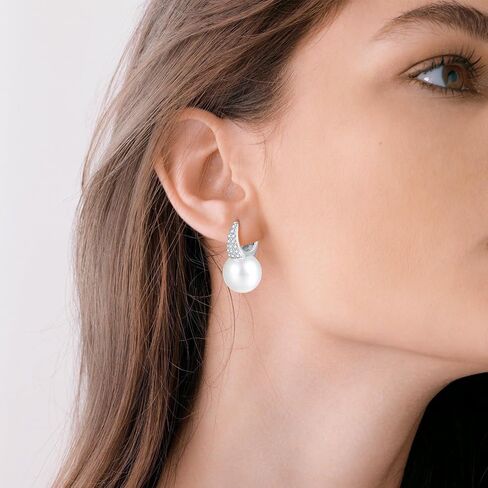 925 Sterling Silver Pearl Drop Earrings for Women: 12MM Pearl Dangle Earrings, CZ Diamond Pearl Earrings, Birthday Gifts in Saudi Arabia