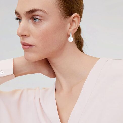 925 Sterling Silver Pearl Drop Earrings for Women: 12MM Pearl Dangle Earrings, CZ Diamond Pearl Earrings, Birthday Gifts in Saudi Arabia