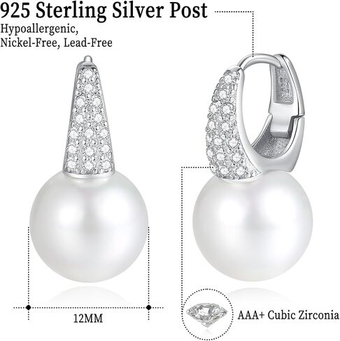 925 Sterling Silver Pearl Drop Earrings for Women: 12MM Pearl Dangle Earrings, CZ Diamond Pearl Earrings, Birthday Gifts in Saudi Arabia