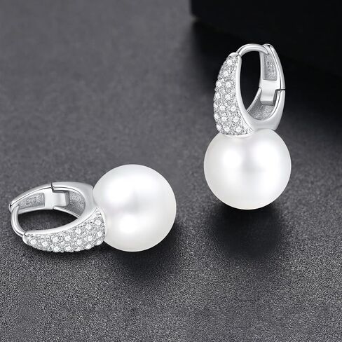 925 Sterling Silver Pearl Drop Earrings for Women: 12MM Pearl Dangle Earrings, CZ Diamond Pearl Earrings, Birthday Gifts in Saudi Arabia