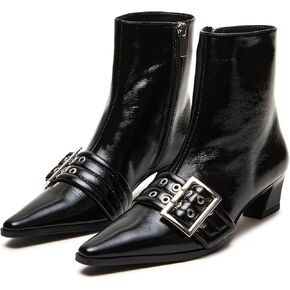 Vaslemuse Women Buckle Ankle Boots Kitten Low Heel Eyelet Booties Sexy Pointy Toe Fashion Leather Dress Boots with Zips
