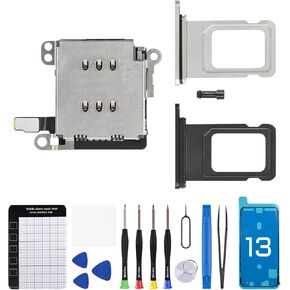 for iPhone 13 Dual SIM Card Reader Flex Cable with Black and Silver Double SIM Card Tray Slot Holder Adapter Replacement with Sim Ejector Repair Tool Kit A2631 A2633 A2634 A2635 A2482