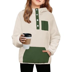 Arshiner Girls Fleece Pullover Hooded Sweatshirt Colorblock Sherpa Hoodie for Teen Girl Winter Button Jacket Coat with Pocket
