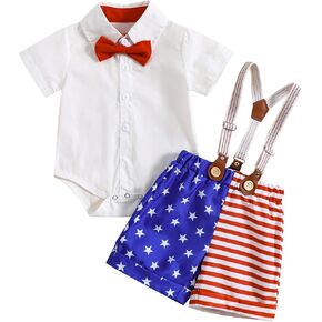 Baby Boy 4th of July Outfit Button Down Romper Tops with Bow Tie American Flag Shorts Overalls Sets Formal Clothes