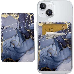 Leather Phone Card Holder, Dual Pocket Phone Wallet Adhesive Stick On, Cute Durable Credit Card Holder, Card Holder for Phone Case Compatible with Most Phone Golden blue marble