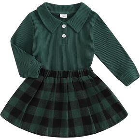 Lucikamy Toddler Baby Girl Fall Outfit Ribbed Knit Long Sleeve T-Shirt Tops Pleated Skirt Cute Kids Winter Clothes
