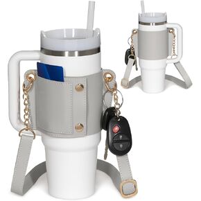 Leather Carrier Strap for Stanley 40 oz & 30 oz Tumbler with Handle |Water Bottle Holder with Adjustable Strap | Stanley Cup Accessories | Credit Card Holder | Keyring/Non-Slip Pad