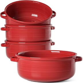 LE TAUCI Soup Bowls with Handles, Ceramic French Onion Soup Bowls 28 Ounces for Soup, Cereal, Chilli, Beef Stew, Stackable Serving Bowls Set, Oven Microwave Dishwasher Safe, Set of 4, White