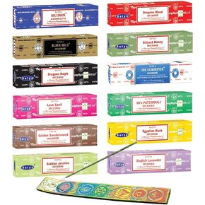 Nag Champa Satya Incense Variety 12 Pack with Incense Holder | Hand-Rolled Bangalore (BNG) Nag Champa Incense Sticks - 12 Boxes x 15 Grams Each & Holder (Variety Pack 1)
