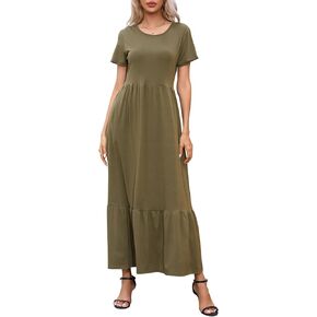 Womens Casual Short Sleeve Dresses Crewneck Basic Swing Maxi Dress Flowy Long Sundress with Pockets