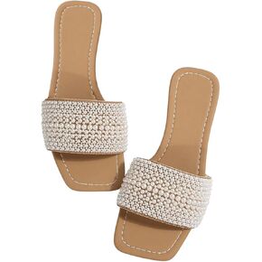 GORGLITTER Women's Pearls Flat Sandals Square Open Toe Summer Slip On Slide Sandals