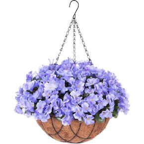Autumn Artificial Flowers with Hanging for Outdoor Indoor,Fake Hydrangea Flowers in Coconut Lining Hanging Basket Home Courtyard Fall Decor,4 Branches Hydrangea Flowers in12'' Basket(Orange)