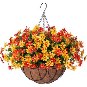 Autumn Artificial Flowers with Hanging for Outdoor Indoor,Fake Hydrangea Flowers in Coconut Lining Hanging Basket Home Courtyard Fall Decor,4 Branches Hydrangea Flowers in12'' Basket(Orange)
