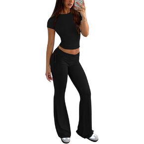 KEYUFANG Women Casual 2 Piece Outfits Summer Tracksuit Y2K Crop Tops Foldover Flare Pants Fashion Set