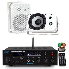 Pyle PFA600BU مدمج بلوتوث USB AUX FM راديو نظام استقبال مضخم للعناوين العامة حزمة كومبو مع 2X 5.25 400W أقصى قوة مكبرات صوت مقاومة للماء للاستخدام الداخلي والخارجي، سلك مكبر صوت 16 قياس in Kuwait
