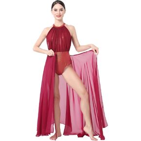 AFAVOM Women's Lyrical Dance Costume Shiny Metallic Lyrical Dress Leotard + Flowy Tulle Skirt 2PCS Contemporary Dance Costume