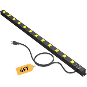 12 Outlet Long Power Strip with 6FT Power Cord, Industrial Heavy Duty for Work Bench Shop Garage, 2100 Joules Surge Protector, Wide Spaced Outlet Power Bar, ETL Certified, Black