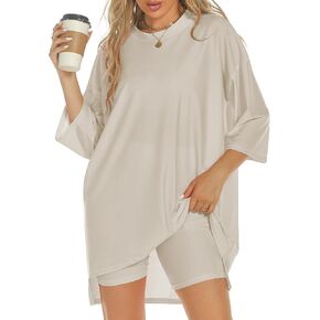 2 Piece Outfits for Women Summer Oversized Lounge Matching Sets T Shirts Tops Biker Shorts