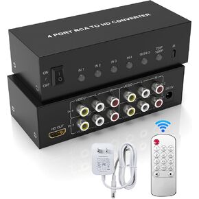 4 Port RCA to HDMI Converter AV to HDMI Adapter - 1080P/720P Red White Yellow Composite Component to HDMI Converter for TV/AUX/N64/PS2/PS3/VHS/VCR/DVD Players, Support 4:3/16:9 RCA Switch(With Remote)