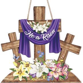 He is Risen Easter Decoration Wood Door Wall Signs, Wooden Wreaths Front Door Sign Cross Sign Christian Jesus Lily Flowers Ornaments Hanging Crafts for Spring Home Farmhouse Party Porch Wall Decor